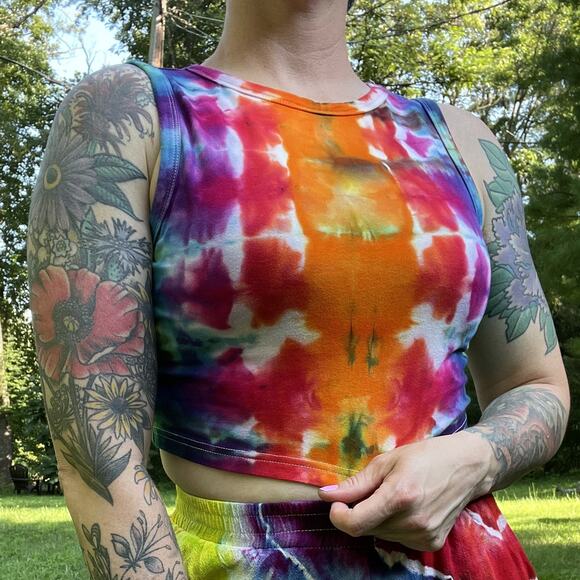 Women's Tie Dyed Tank Crop - Ice Dye Handmade - Funky Rainbow (Fitted Large) - Picture 2 of 11